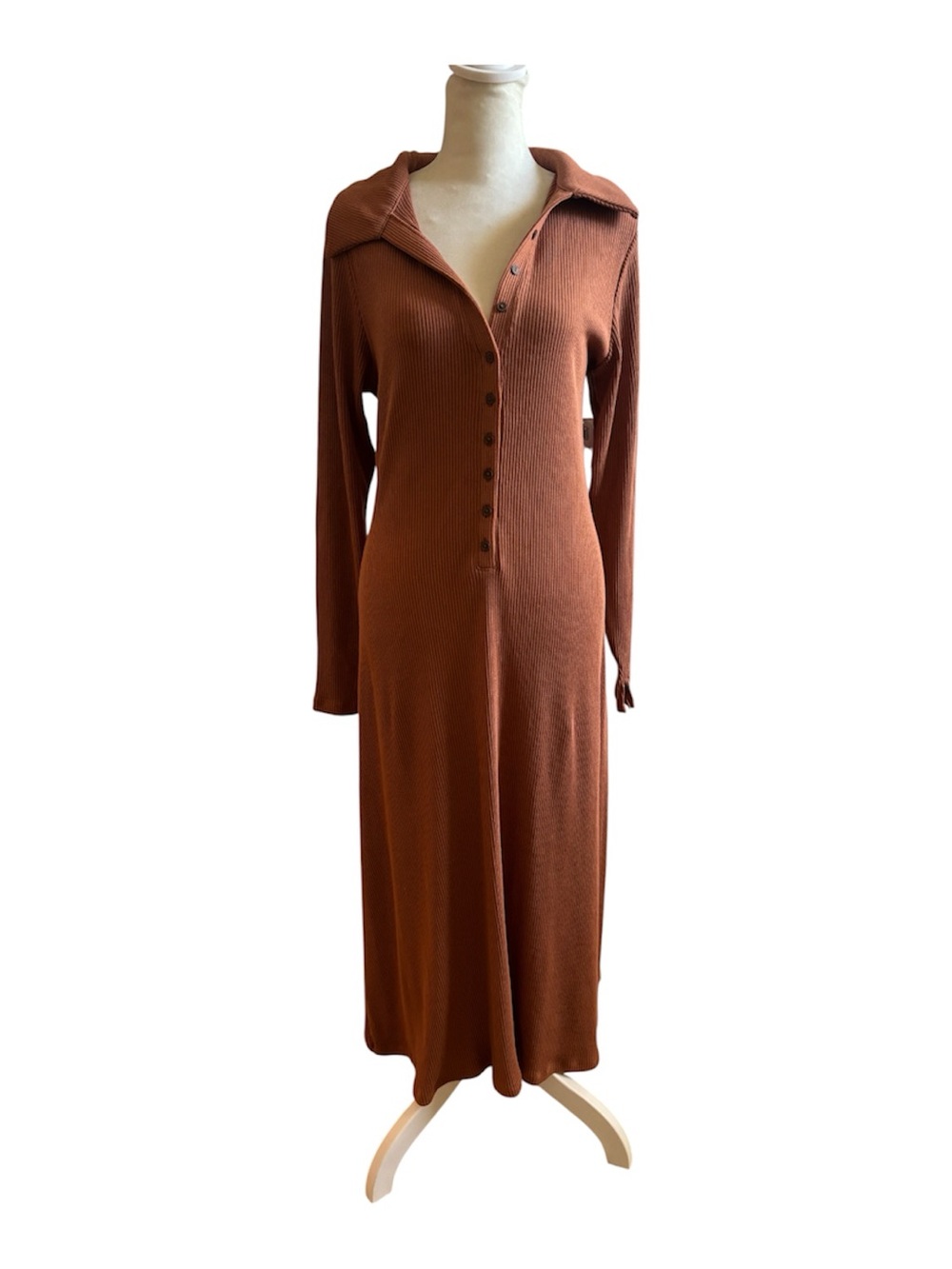 Old Navy Long Sleeve Ribbed Collared Henley Dress in Rust NWT